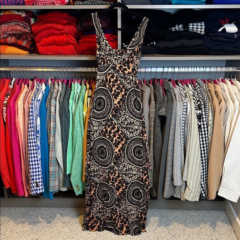 Miss Flower Orange/black sleeveless stretchy v neck maxi dress size XS
